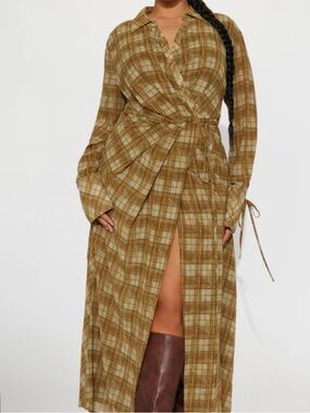 Plaid Wrap Maxi Dress in Olive Brown
